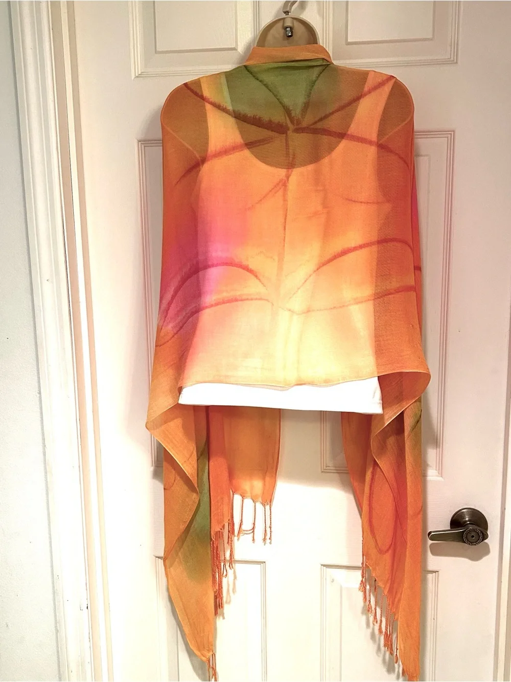 Orange Sheer Floral Hand Painted Fringed Shawl Scarf - Lightweight